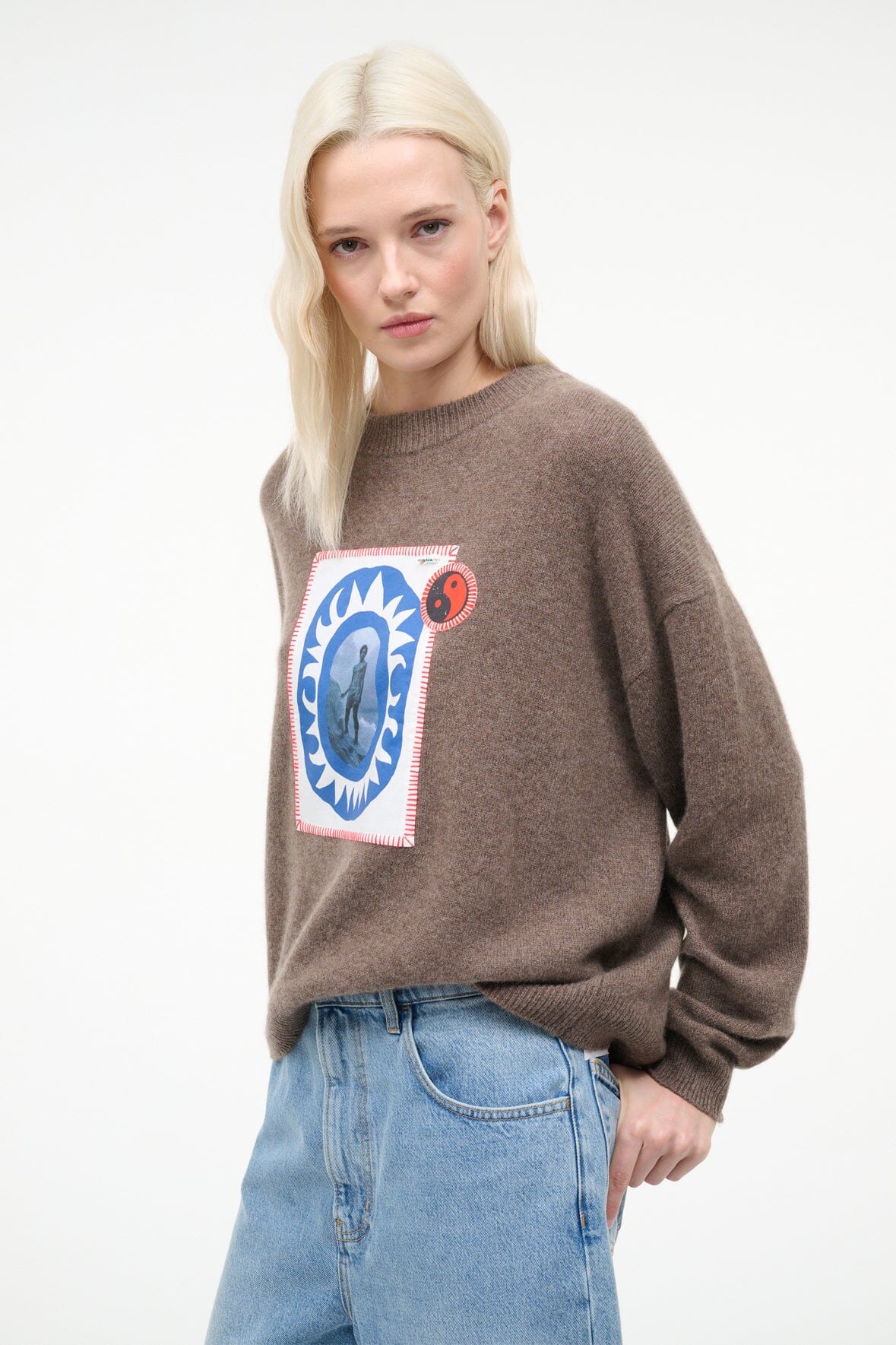 SERRANO CASHMERE RELAXED CREW | TRUFFLE PATCHWORK - Image 5